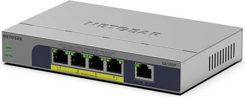 Switch NETGEAR GS105P, 5 porta Gigabit, 4 porta PoE+, montim desktop/mur, gri
