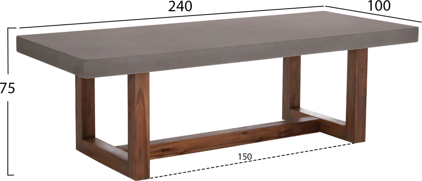 Tavolinë ngrënieje për jashtë ASTOR, sipërfaqe gri prej çimentoje fiber, këmbë prej druri akacie, 240x100x75cm