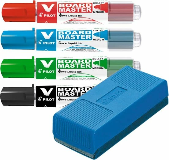 Set markerash për tabelë të bardhë Pilot WP1652, Medium 2.3mm, me fishek të ndërrueshëm, me 4 ngjyra, set 4 copë + sfungjer