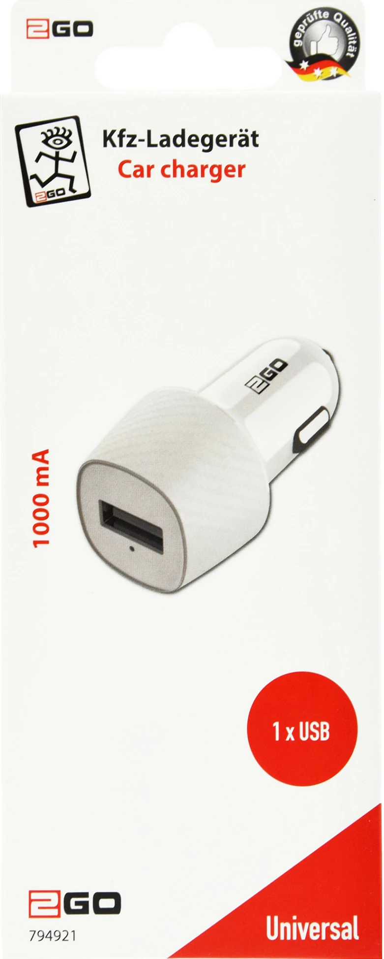 Karikues veture 2GO 794921, 1x USB 2.0, 5V 1A, i bardhë