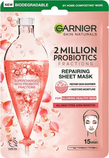 Maskë fytyre Garnier 2 Million Probiotics Fractions Repairing Sheet Mask për femra, 22g