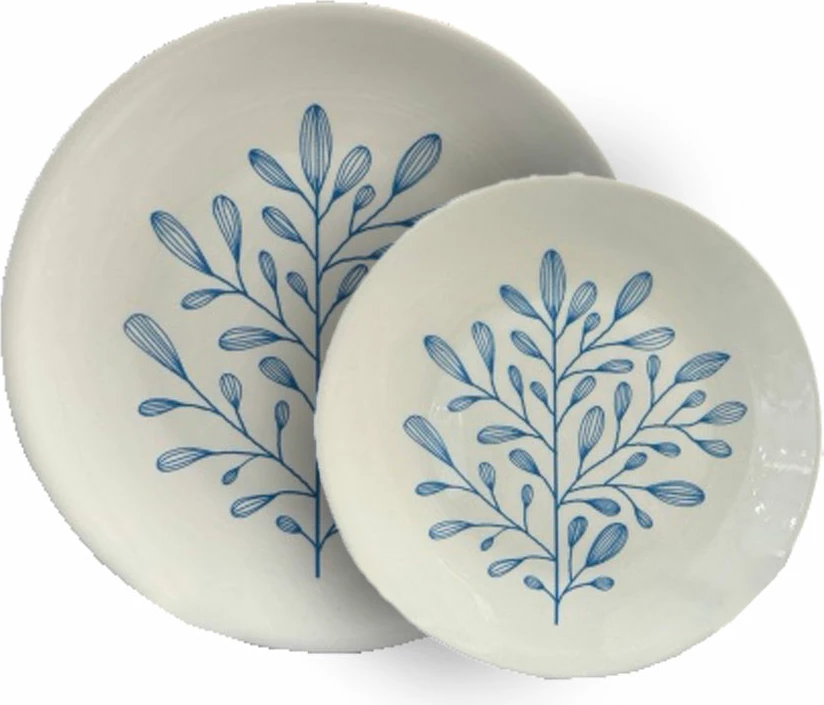 Set pjatash ëmbëlsirash Ydra, 7 copë, porcelan i bardhë, blu e çelët, 30x30x3cm