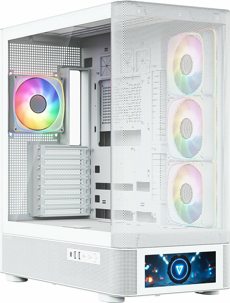 Kasë Modecom Volcano AQ500 ARGB MC-A-AQ500-4FA-W, Midi Tower, LCD ekran, 4x120mm ARGB ventilatorë, ATX/mATX/ITX, USB-C, e bardhë
