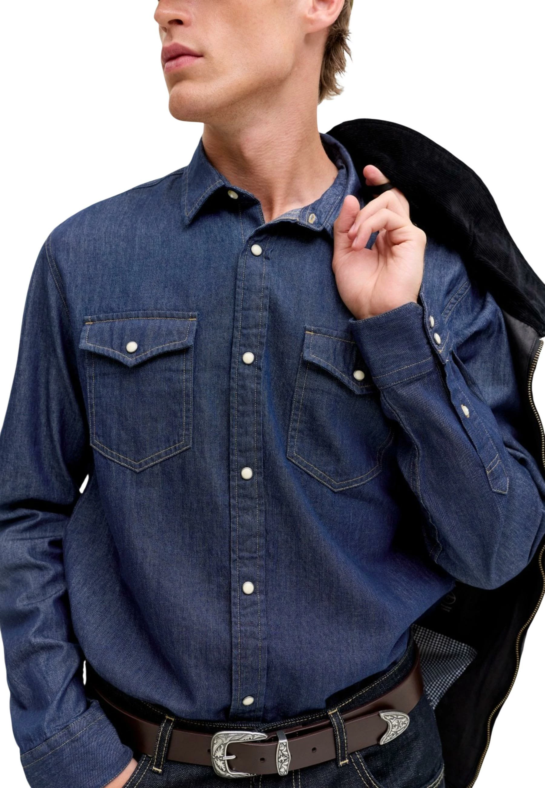 Këmishë për meshkuj Jack Jones JJESHERIDAN L/S NOOS, denim e errët [Madhësia: XXL]