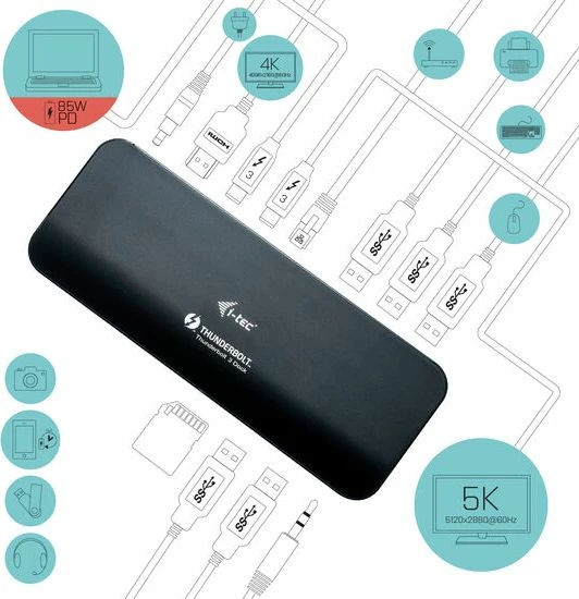 i-tec 2x Thunderbolt 3 5K Docking 60 W PSU (1 x Ethernet, 1 x HDMI, 1 x miniJack 3.5mm (microphone and headphones), 2 x Thunderbolt 3, 5 x USB 3.0, SD card reader)