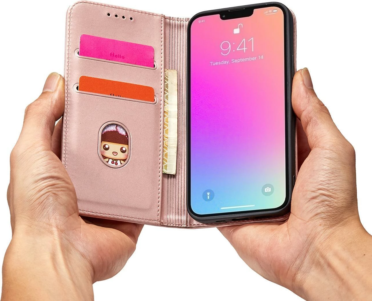 Mbështjellës Hurtel Magnet Card Case për iPhone 14 Pro Max, flip cover, portofol, rozë