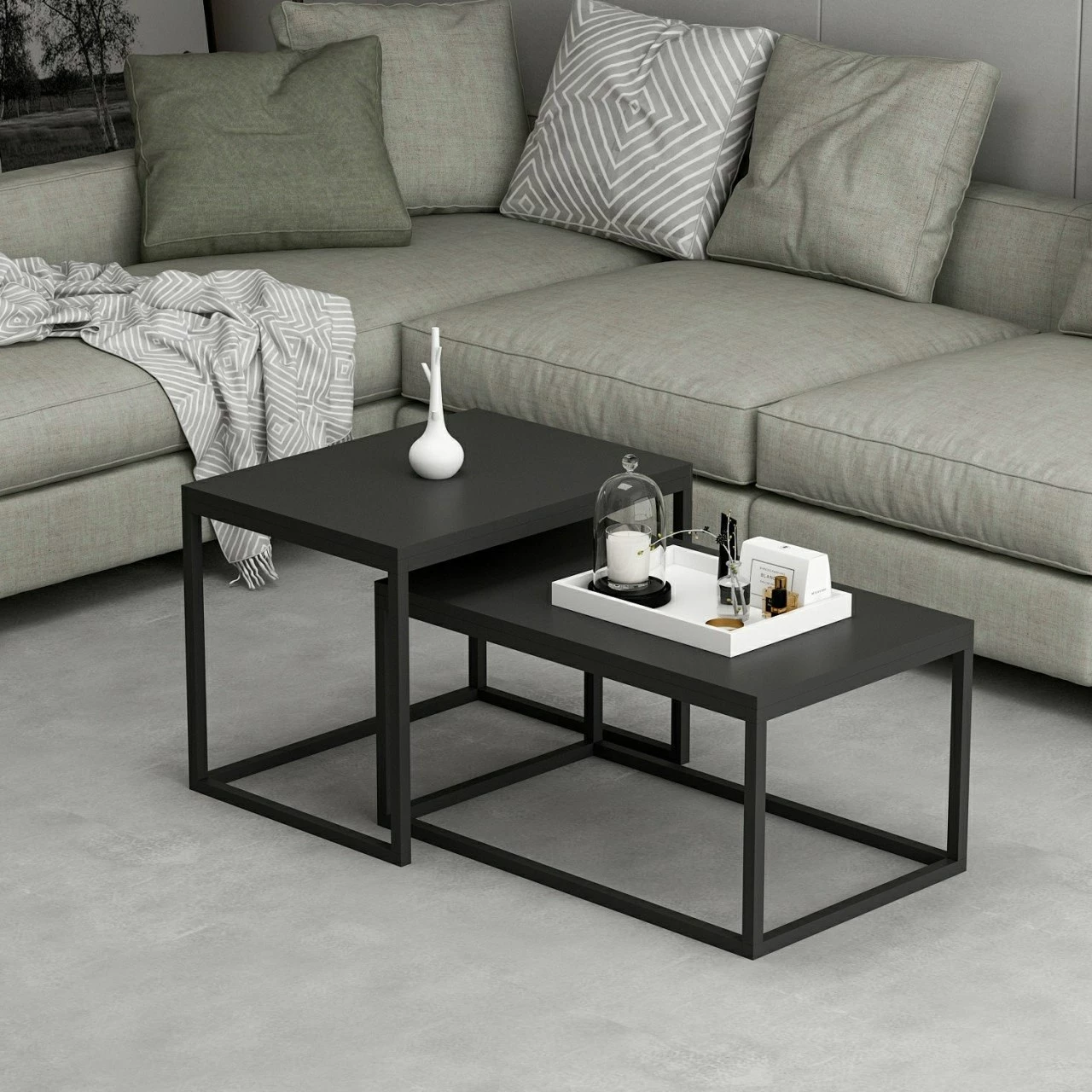 Set tavolinash ndihmëse, Hanah Home Leka, ngjyrë e zezë, 2 copë