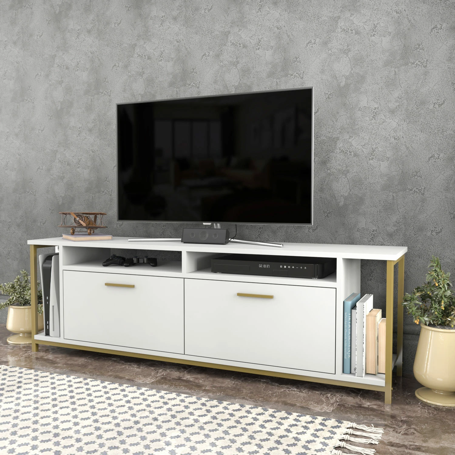 Komodë TV Hanah Home, Omar, e bardhë dhe ari