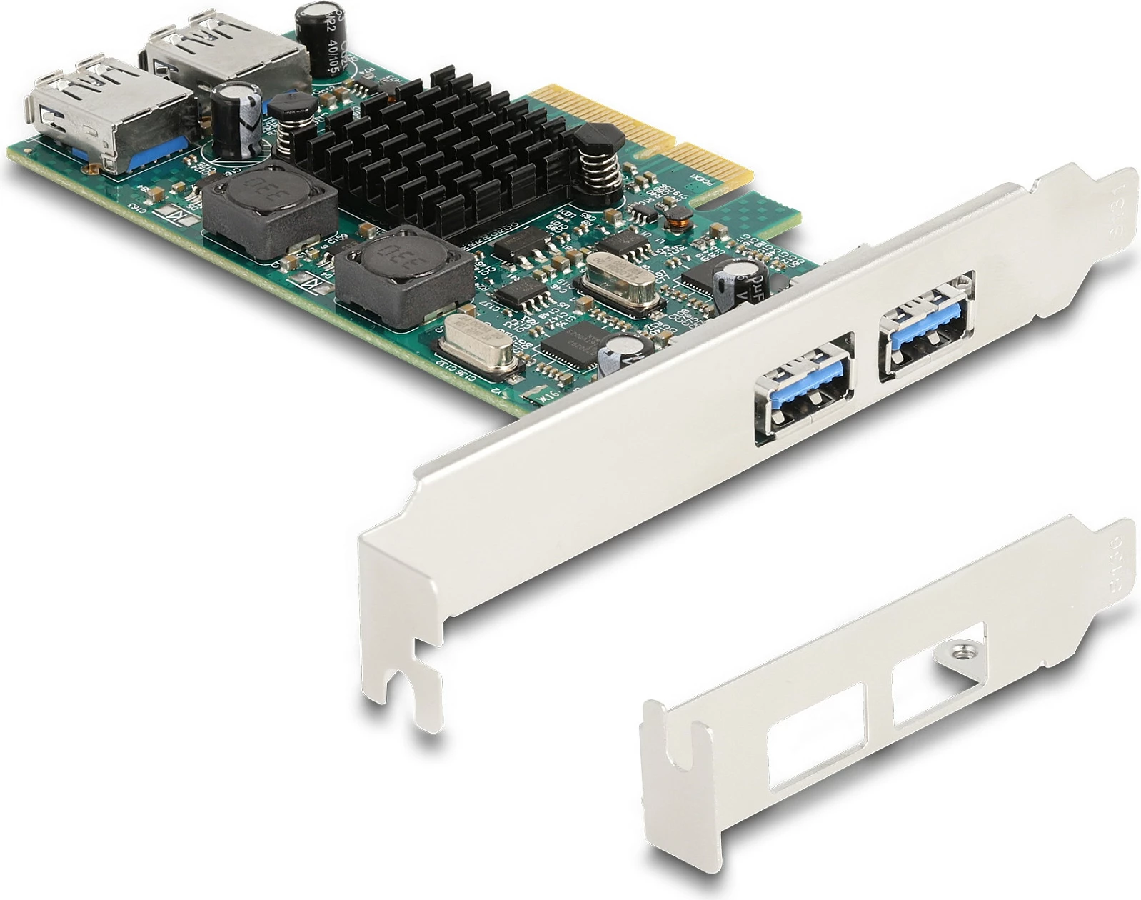 Kartë zgjerimi PCIe DeLOCK, 2x USB-A të jashtme + 2x USB-A të brendshme, USB 3.2 Gen 1 5Gbps, Dual Channel, full-height/low-profile, gjelbër/argjend