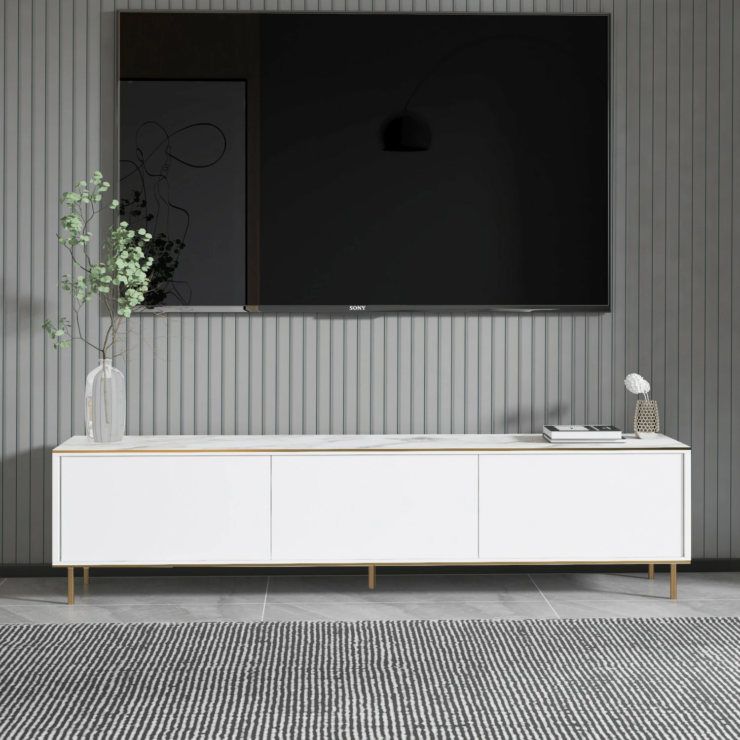 Komodë për TV Hanah Home, Imaj, mermer i bardhë, ari