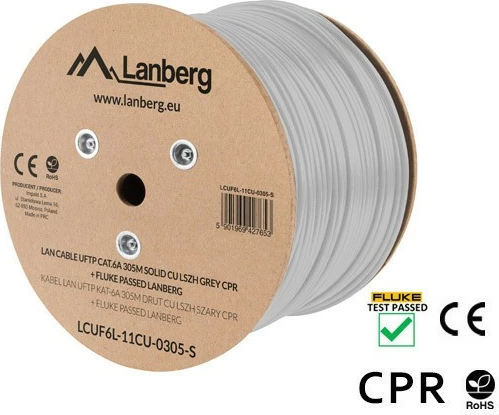 Kabllo LAN Cat-6A Lanberg LCUF6L-11CU-0305-S, 305m, U/FTP, bakër, gri