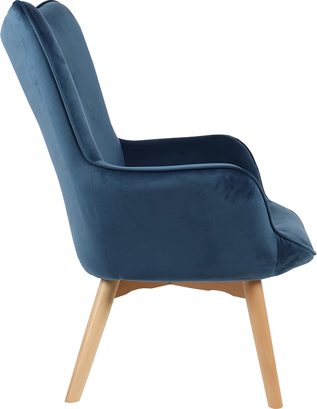 Karrige e madhe pop up, dizajn skandinav, kadife blu, këmbë druri, 72x82x94cm