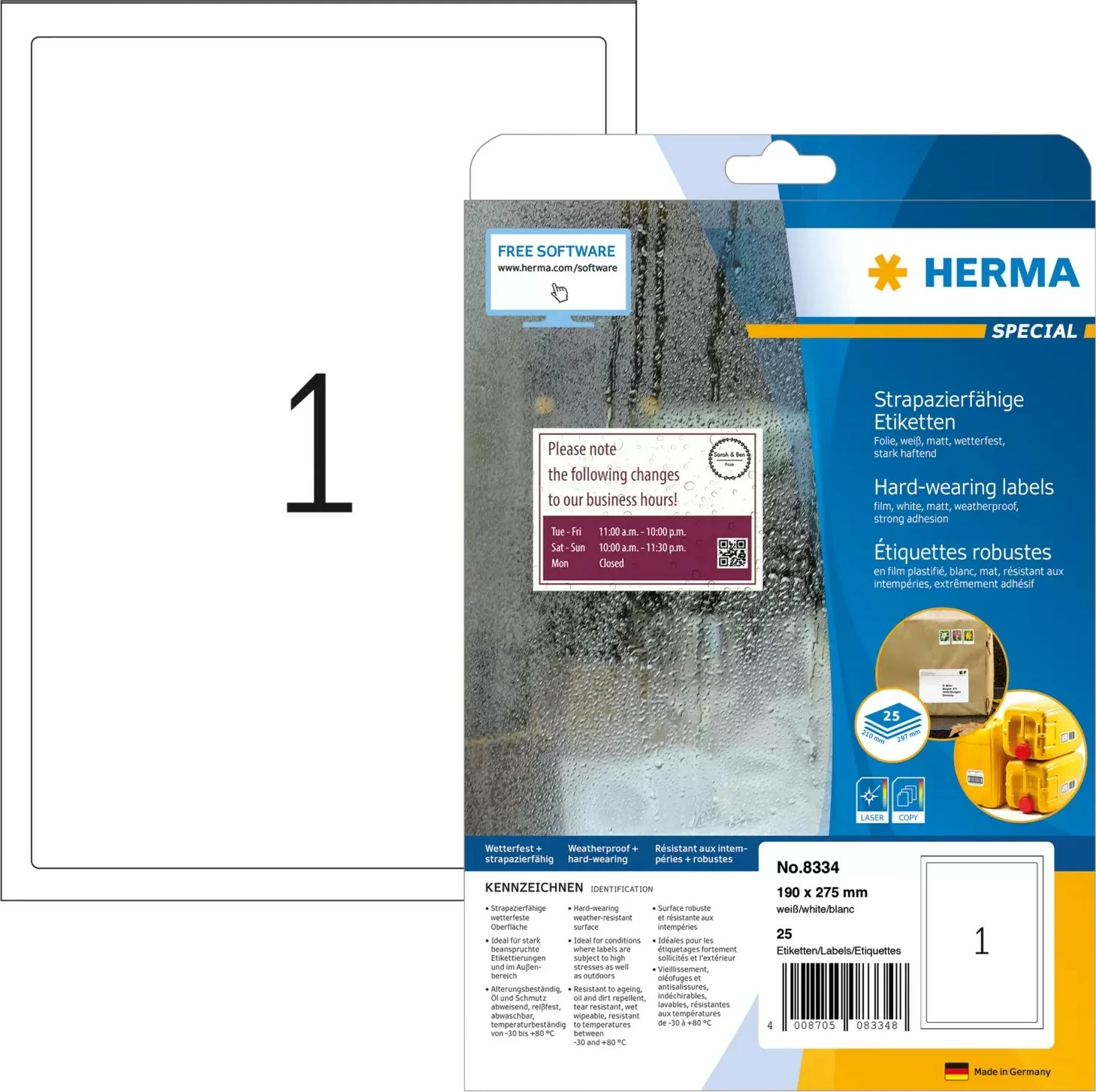 Etiketa printeri HERMA, A4, poliestër, vetëngjitëse, 25 copë, e bardhë, matte
