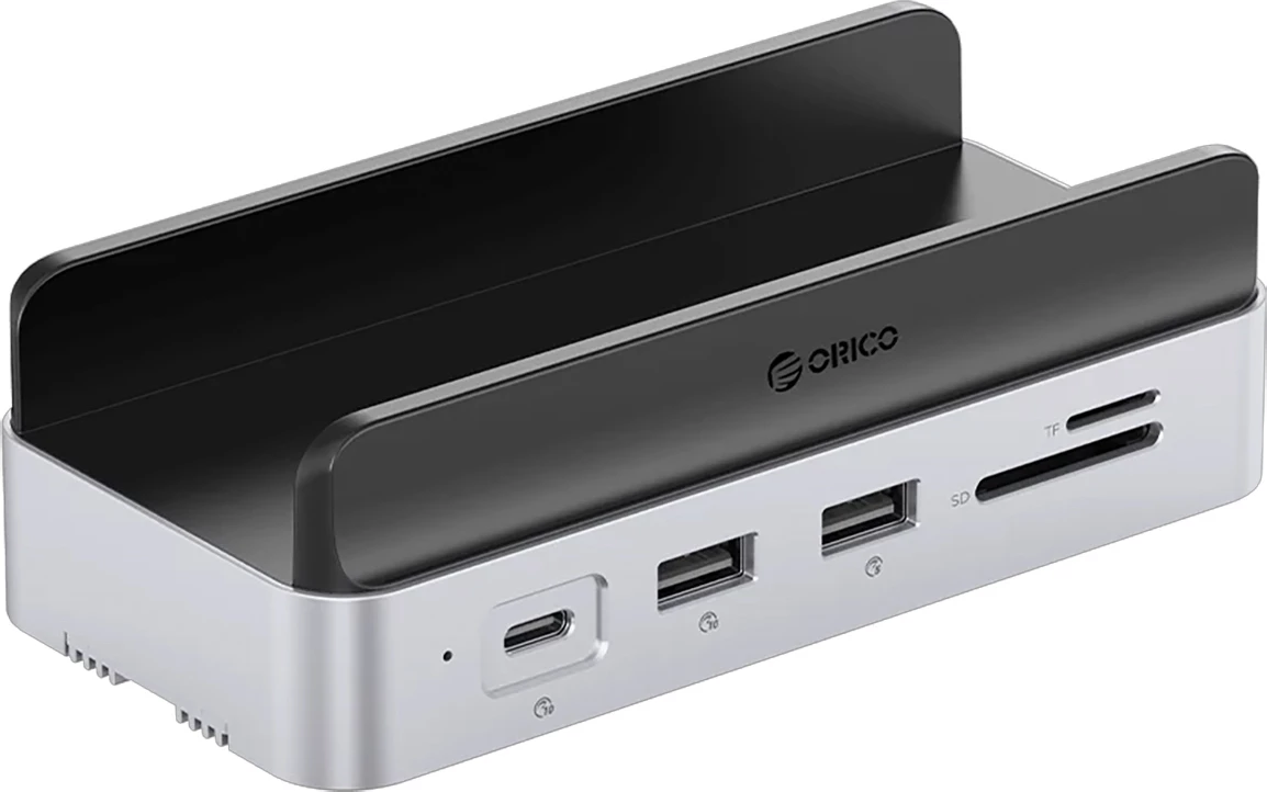 Stacion dokimi 10-në-1, Orico MiniDock, me slot M.2 deri 8 TB, HDMI 4K@60Hz, USB-C PD 100W, për Mac mini 2024, argjend