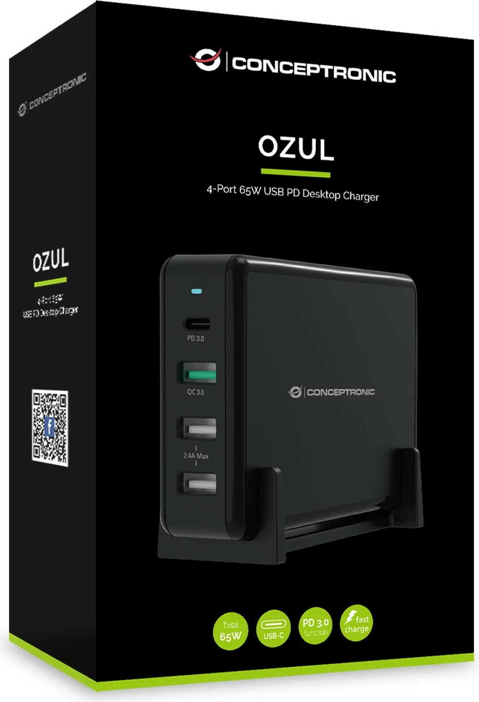 Karikues tavoline Conceptronic 4 porta, 65W, 3x USB-A, 1x USB-C, i zi