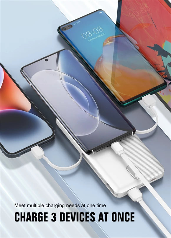 Power bank LDNIO PQ13 10000mAh 22.5W me kabllo të integruara USB-C + Lightning (1C1L) dhe 1x USB-A, e bardhë