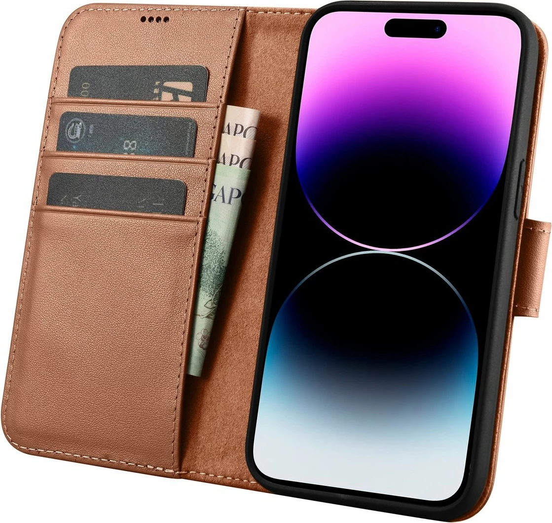 Mbështjellës iCarer Wallet Case 2in1 për iPhone 14 Pro Max, lëkurë natyrale, Anti-RFID, Kafe