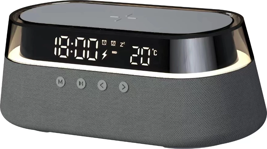 Altoparlant Bluetooth Moye Hemera 15W, orë alarmi me FM radio, dritë nate RGB, karikim pa kabllo Qi 5-15W, bateri 1800mAh, USB-C, zi/gri
