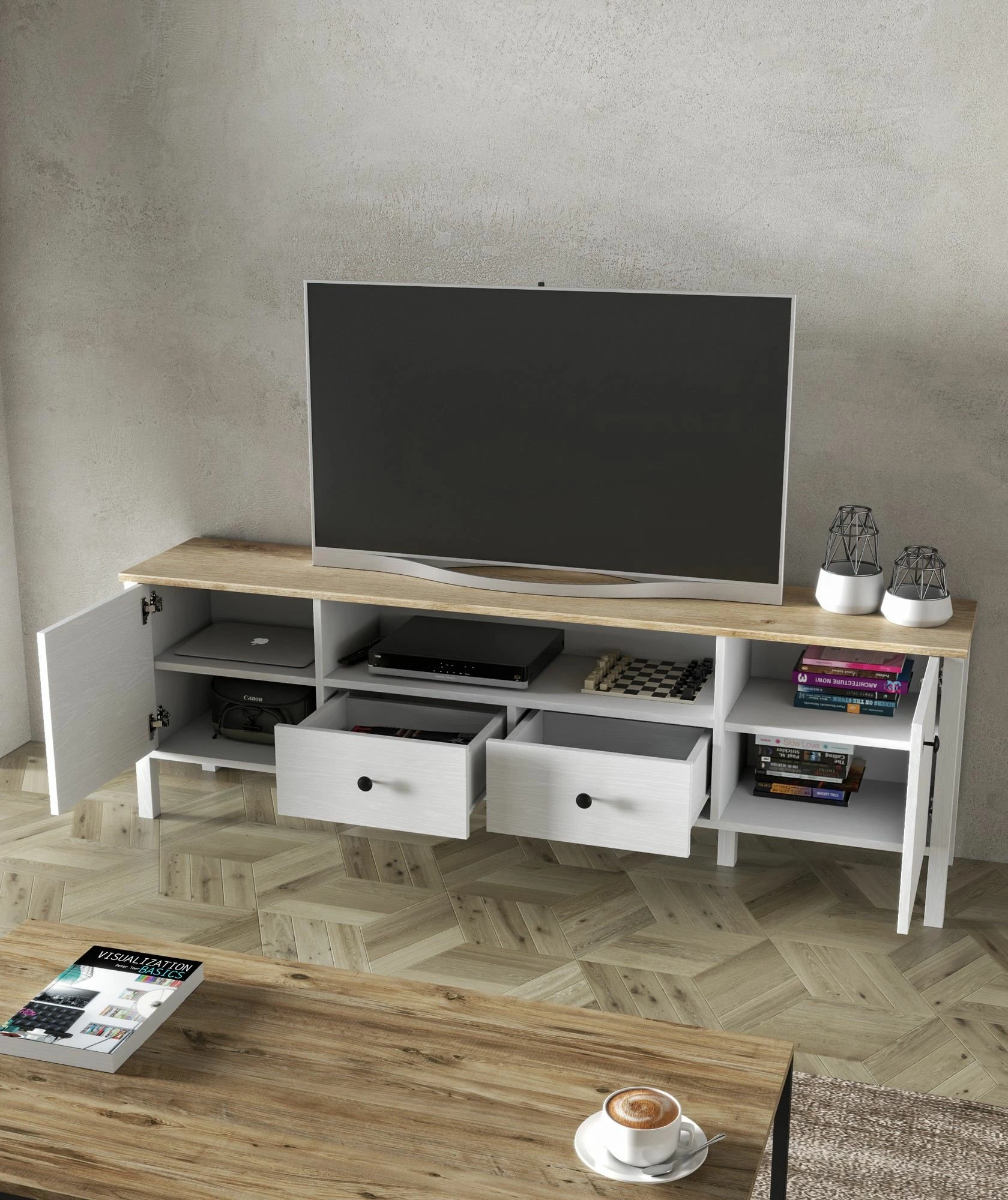 Komodë TV Hanah Home, FRN-20056, ngjyrë druri dhe e bardhë, 180x58x35cm