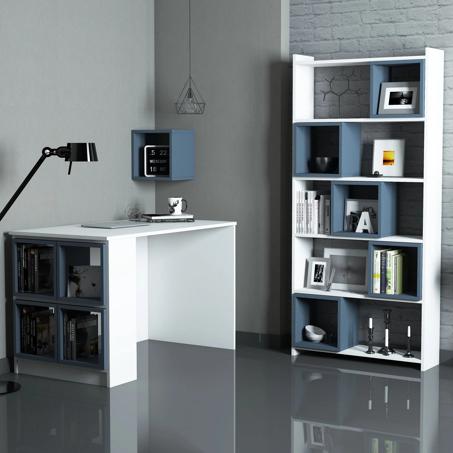 Tavolinë studimi me raft librash, ngjyrë bardhë e kaltër, Hanah Home, Box