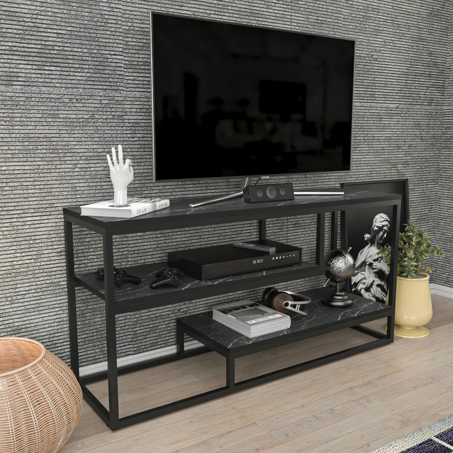 Komodinë TV Lorin, Skye Decor, e zezë dhe e bardhë