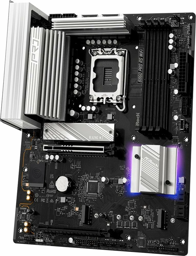 Pllakë amë ASRock B860 Pro RS WiFi, ATX, DDR5 deri 256GB, Wi‑Fi 6E, Bluetooth, e zezë/argjend