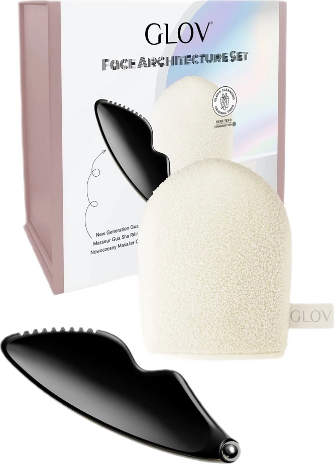 Set për fytyrë Glov Face Architecture Modern Massage Gua Sha + Demakeup dhe Cleansing Glove për femra, 2 copë