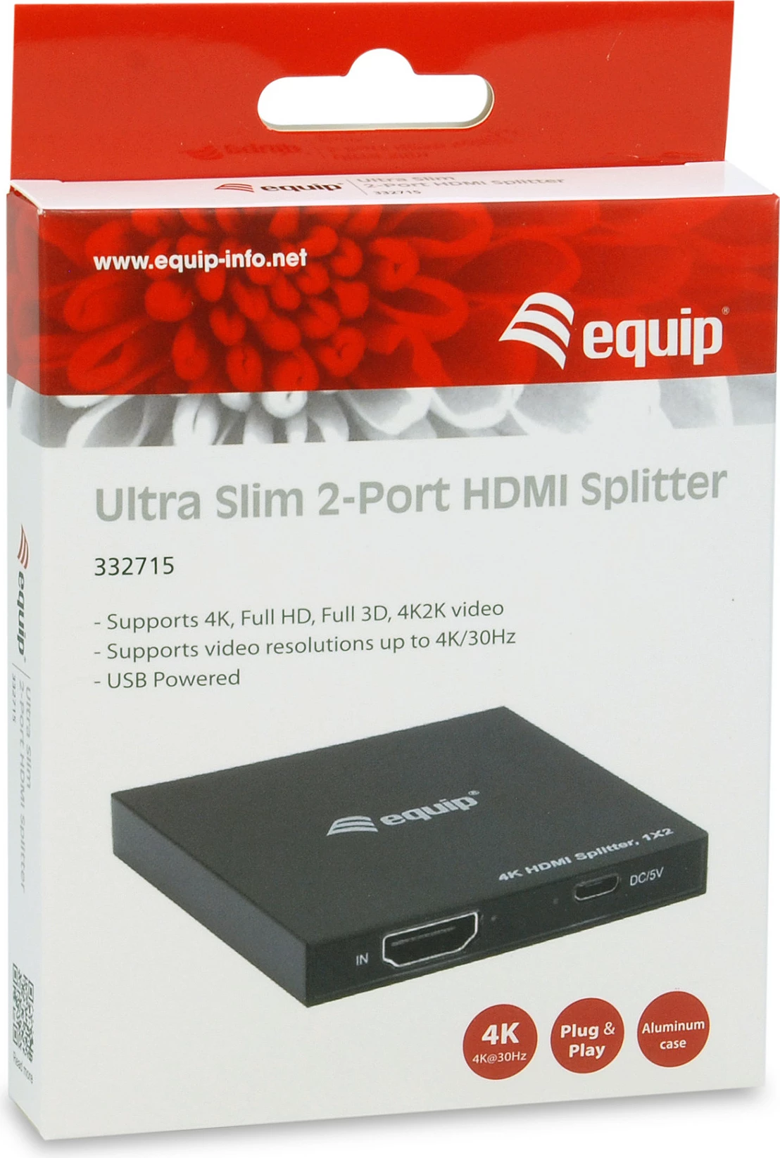 Splitter HDMI EQUIP 332715, 1x2, 4K Ultra HD 60Hz, USB powered, alumin, i zi