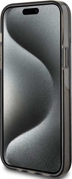 Mbështjellës Guess Liquid Glitter Gold Stripes për iPhone 15 Plus / 14 Plus, e zezë