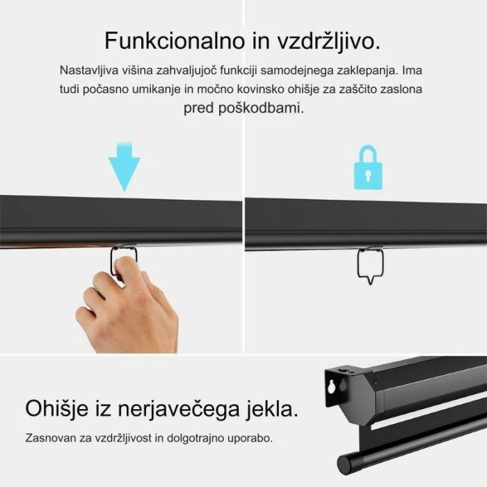 ekran projekcioni VONHAUS 90\" MPN 3005050, 16:9, pull-down me vetë-bllokim, montim mur/tavan, kornizë e zezë