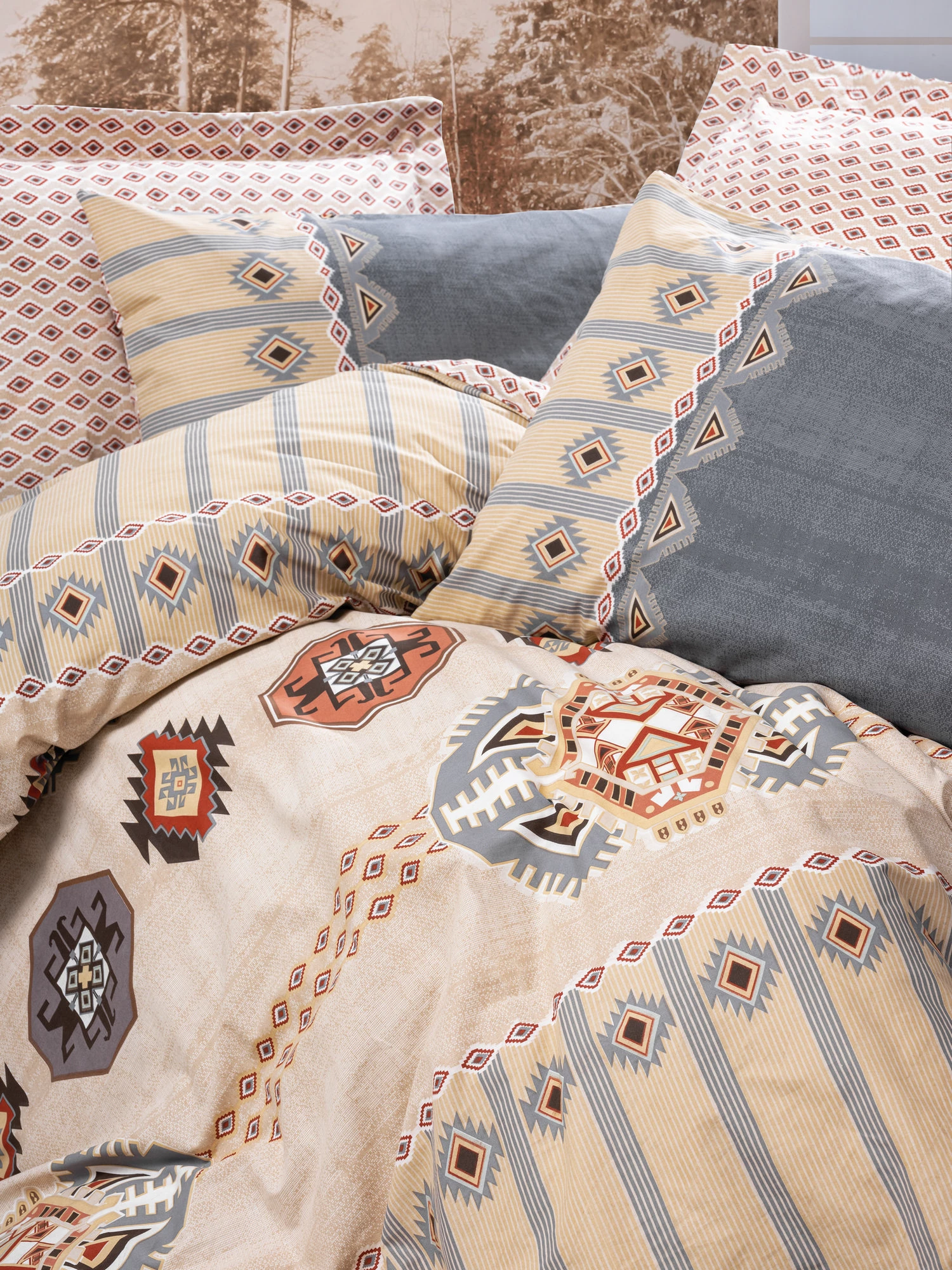 Set mbulesë për jorgan King, ngjyrë gri, beige, portokalli, e kuqe, Dakota