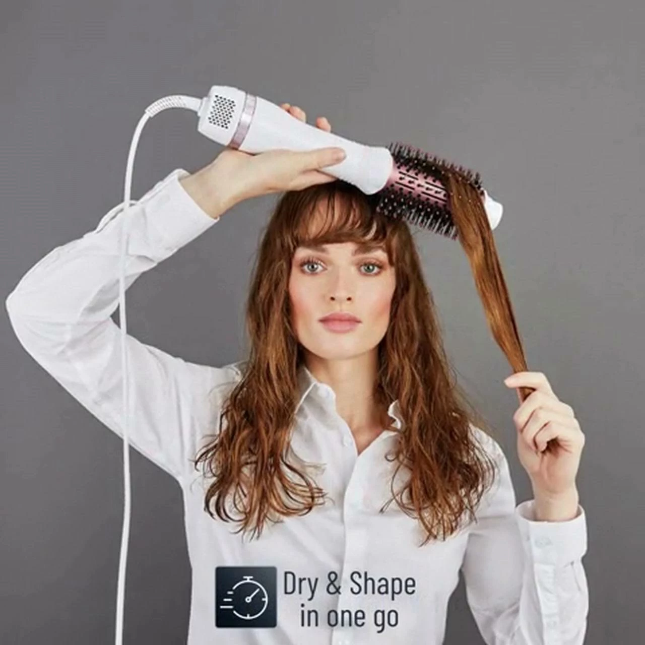 Furçë flokësh me ajër të nxehtë, Rowenta CF6135F0 Volumizer 3D, furçë ovale XL, jonizim, e bardhë/rozë