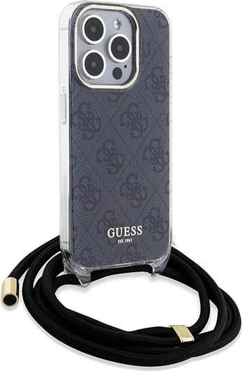 Mbështjellës Guess Crossbody Cord 4G Print për iPhone 15 Pro, zi