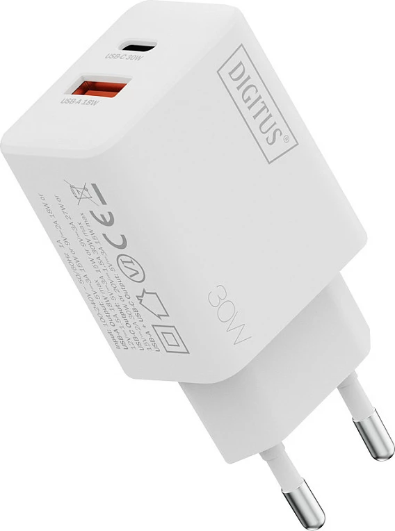 Karikues muri Digitus USB GaN 30W, 1x USB-C + 1x USB-A, i bardhë