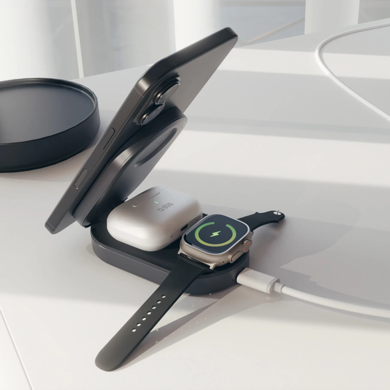 Karikues pa tel 3‑në‑1 palosës, SBS Power Dock 3 in 1, Qi2 & MFi, 15 W, USB‑C, i zi