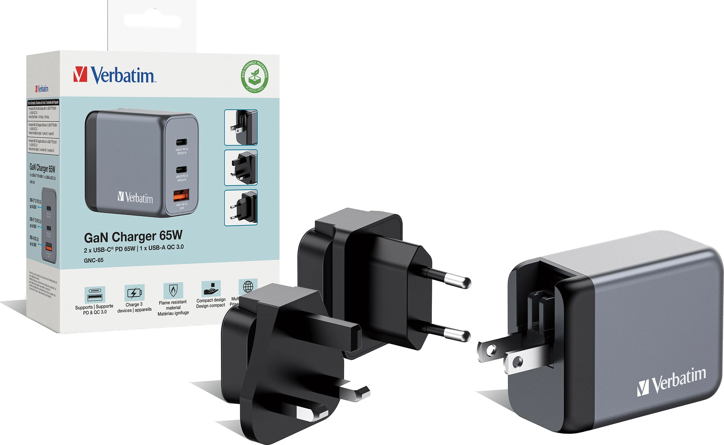 Karikues muri Verbatim GNC-65 GaN, 65W, 2x USB-C PD (PPS) + 1x USB-A QC 3.0, EU/UK/US, zi/gri