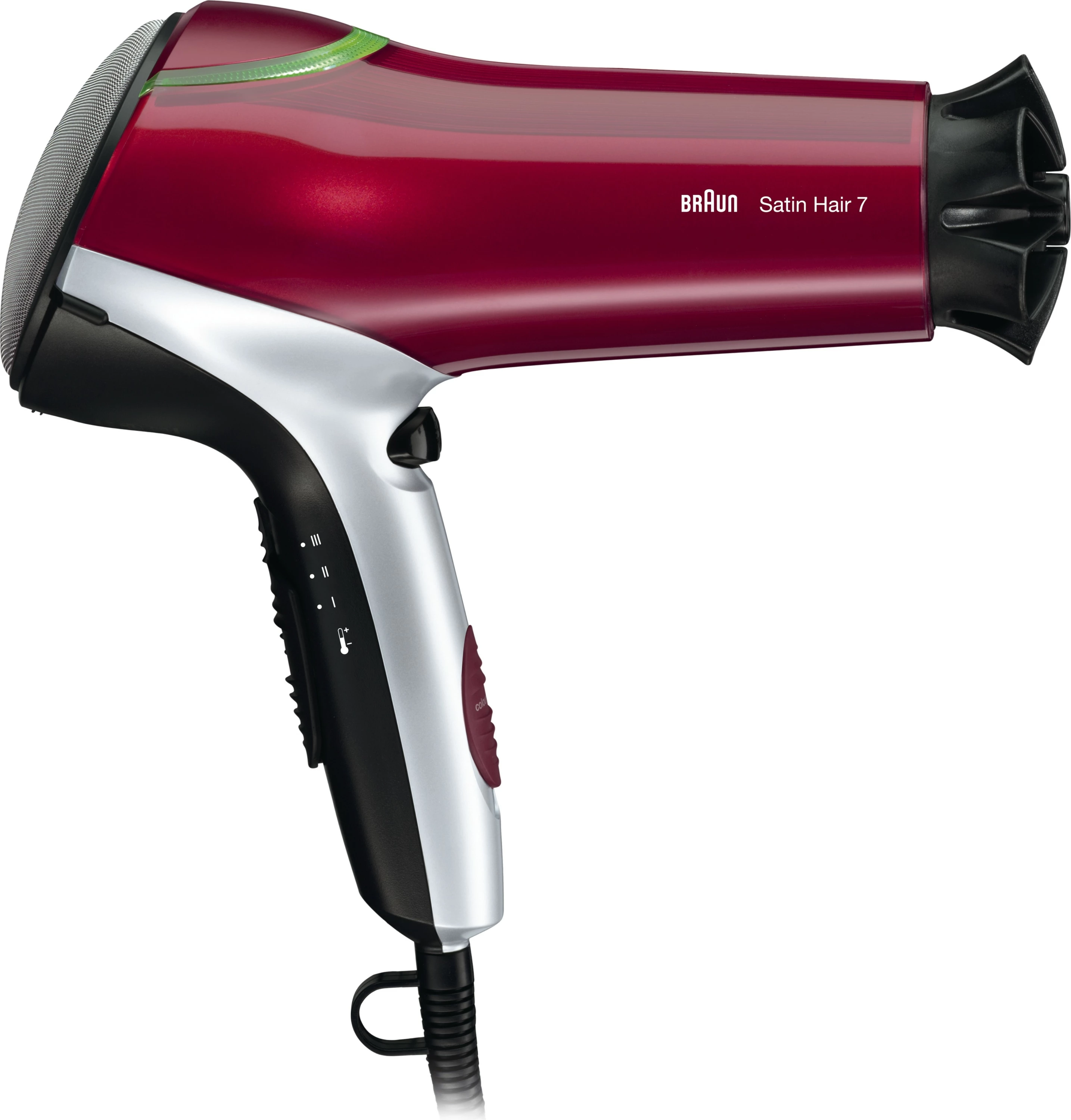 Tharëse flokësh, Braun, Satin Hair 7 Color HD770, 2200 W, IONTEC, 6 kombinime temperaturë/rrymë ajri, me difuzor dhe grykë Color Saver, burgundy