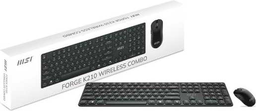 Tastierë + Maus wireless MSI FORGE K210, US layout, 2.4 GHz, DPI 1000–1600, bateri e rikarikueshme, e zezë, set 2 copë