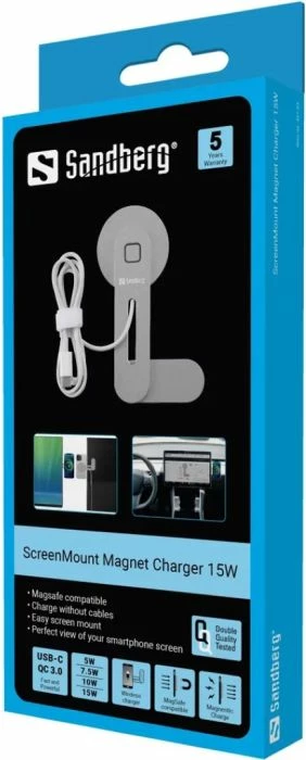 Karikues wireless magnetik Sandberg ScreenMount 441-53, Qi 15W, USB-C, me montim për ekran/automjet, gri, set