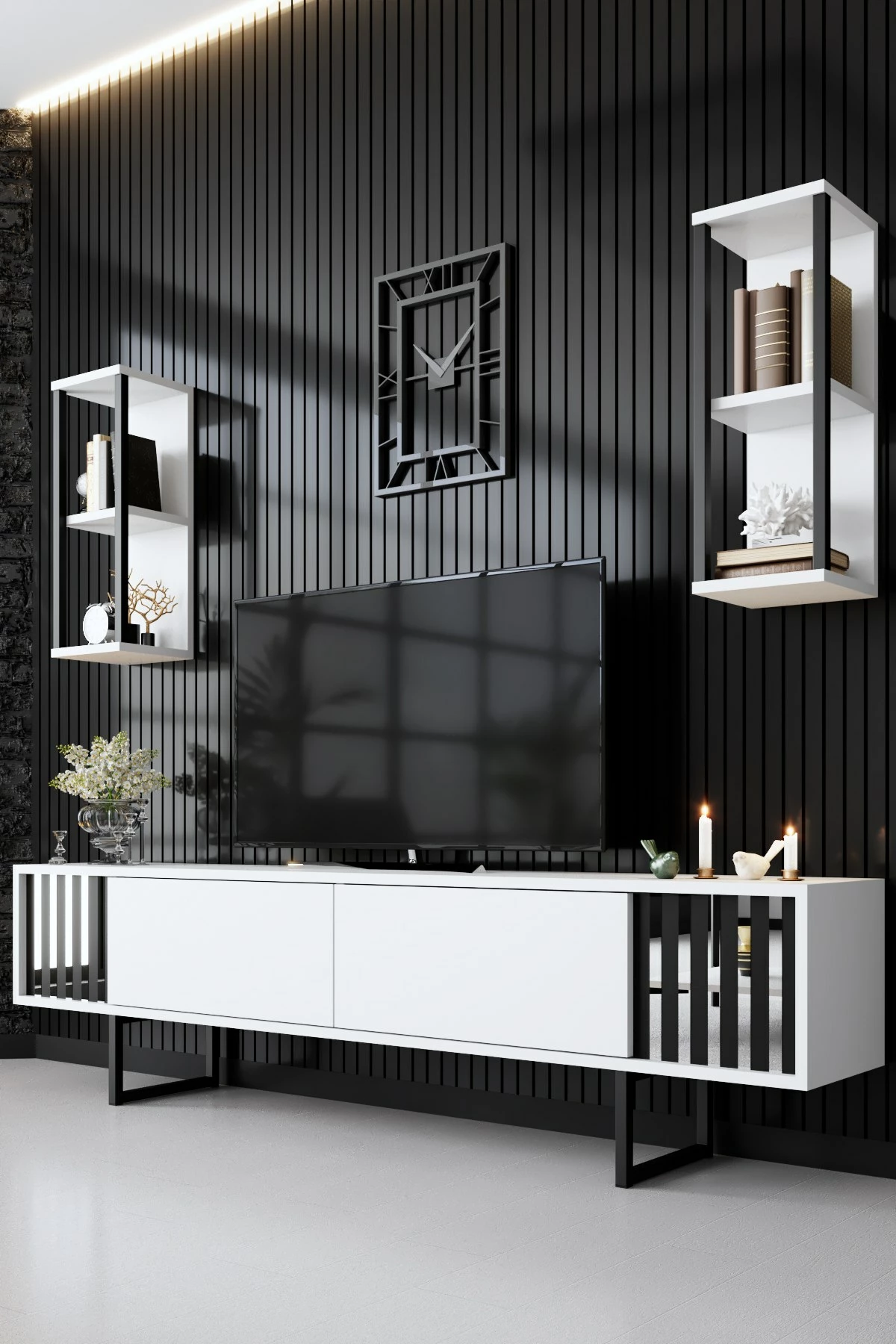 Komodë TV Hanah Home, Chrome Line, e bardhë dhe e zezë