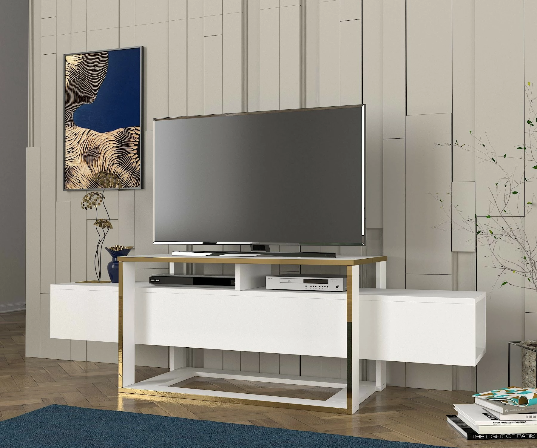 Komodë TV Hanah Home, e bardhë, e artë