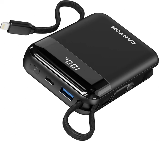 Power bank CANYON OnPower 104 10000mAh 22.5W me kabllo të integruara USB-C/Lightning, i zi