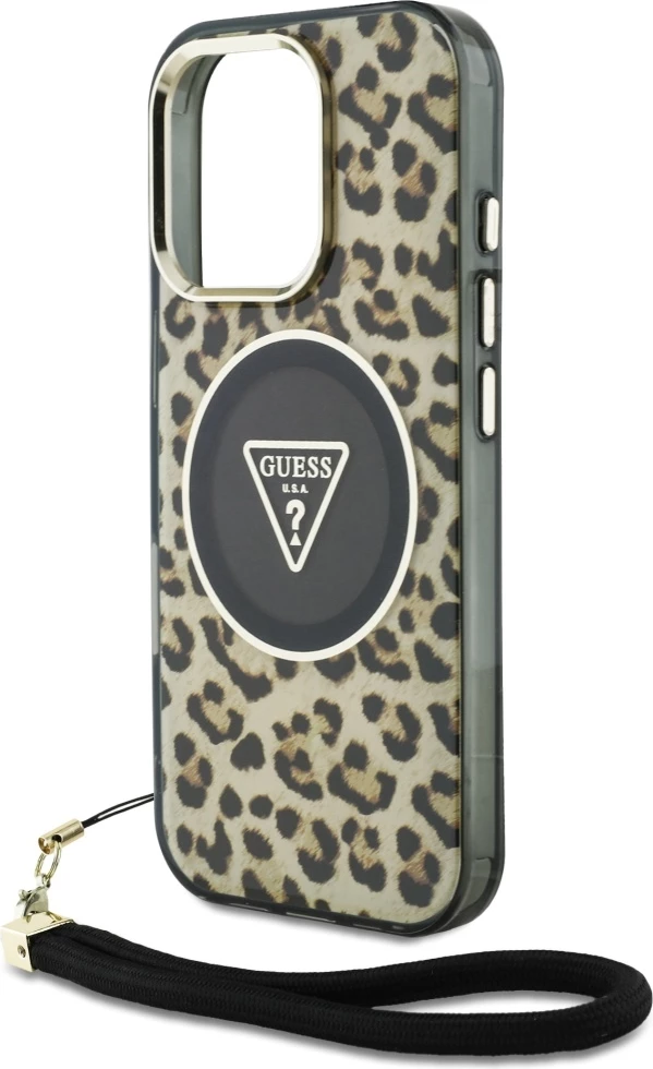 Mbështjellës Guess HC IML Leopard Triangle Cord Strap për iPhone 16 Pro Max, MagSafe, Kafe