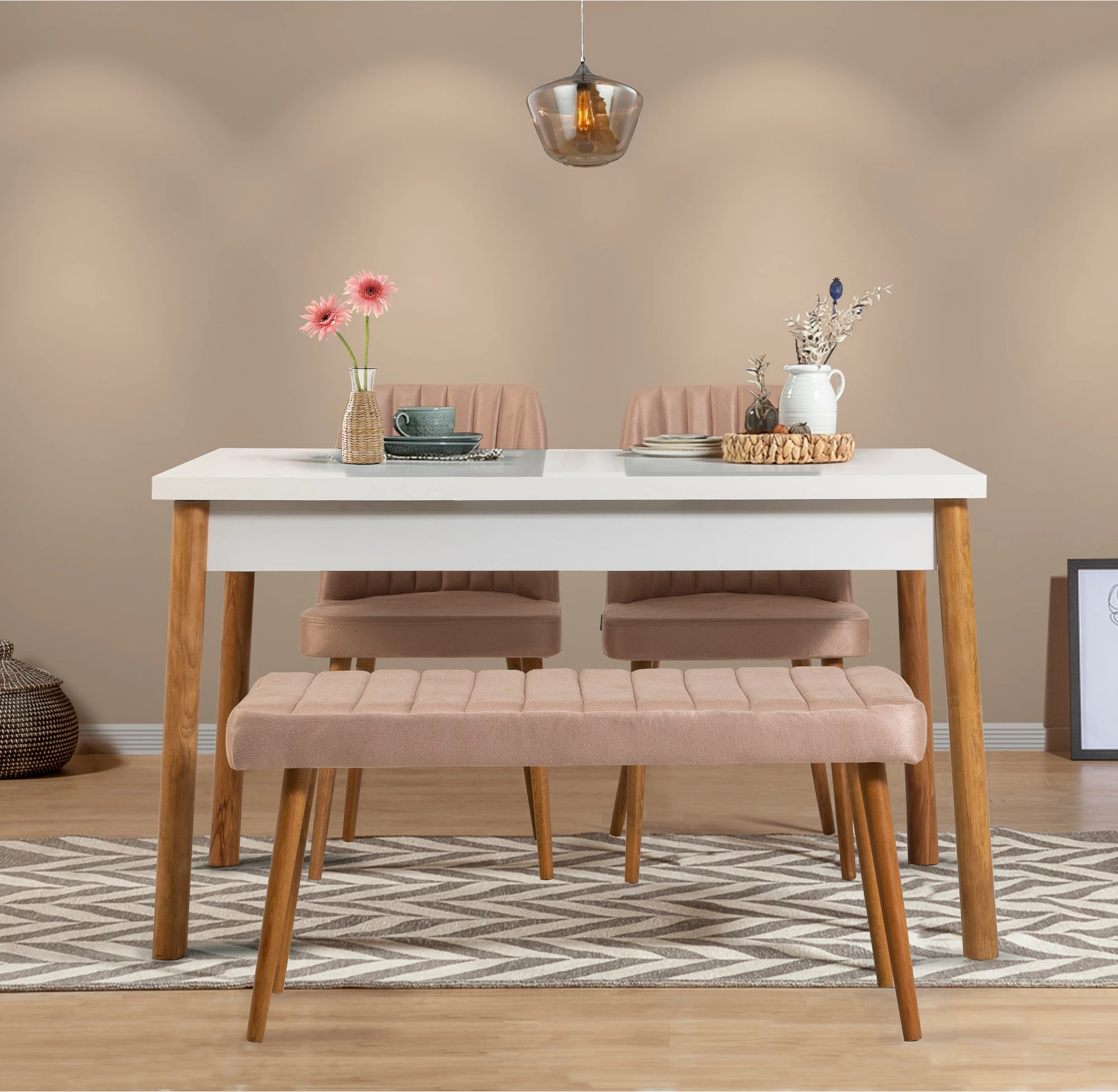 Set tavoline me karrige (4 copë), Hanah Home, Costa Atlantic, ngjyrë e bardhë-gur