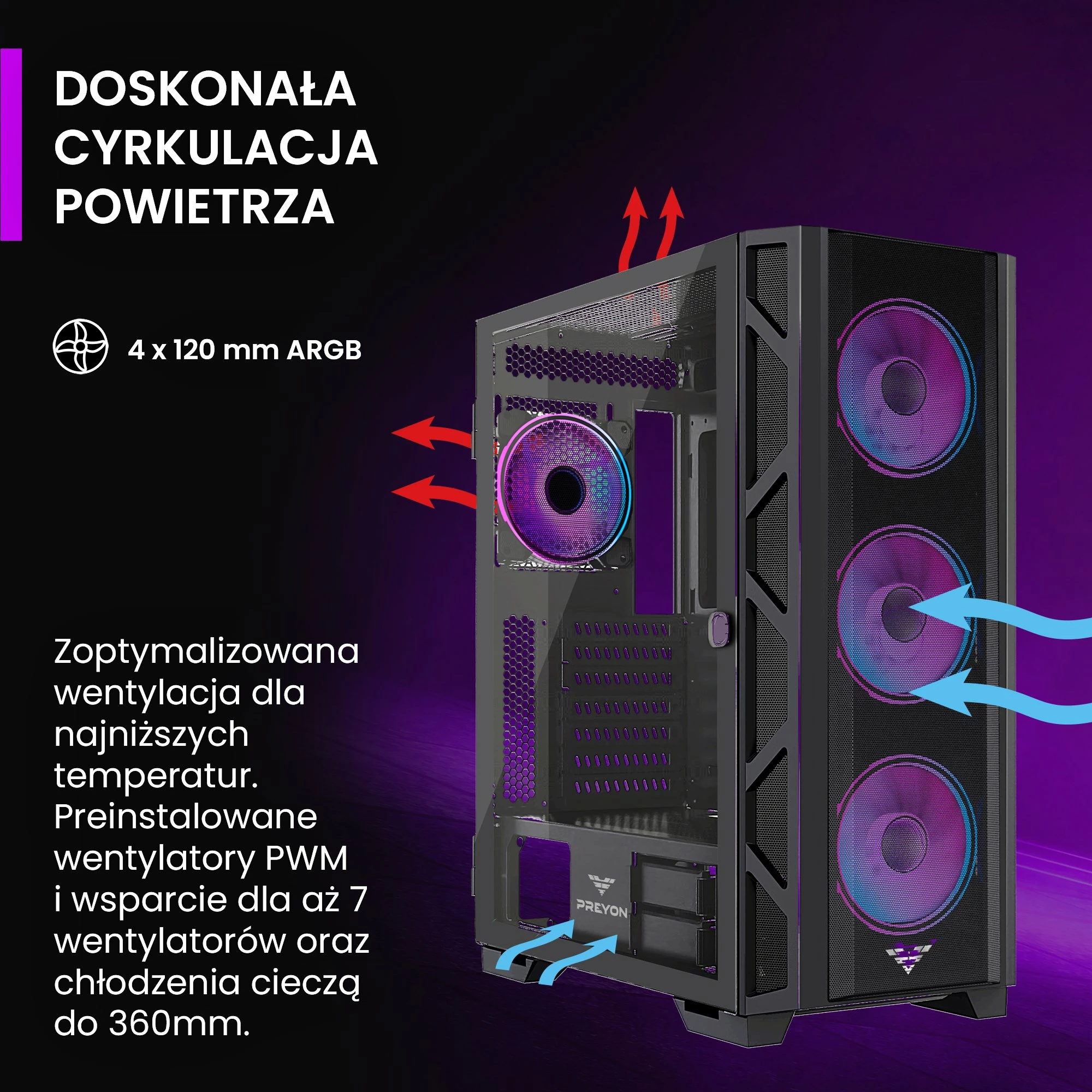 Kasë PREYON Nest Meshy+ PRENMP04B Midi Tower ATX/e-ATX me 4 ventilatorë ARGB, e zezë