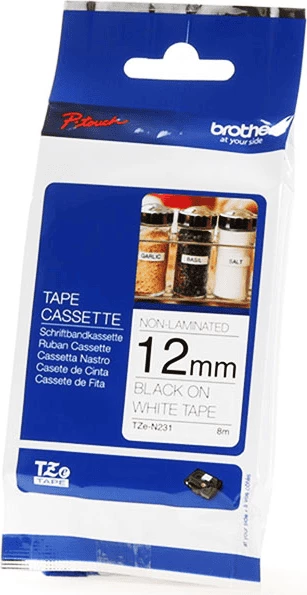 Shirit etiketa Brother TZe-N231, 12 mm 8 m, jo i laminuar, zi në të bardhë