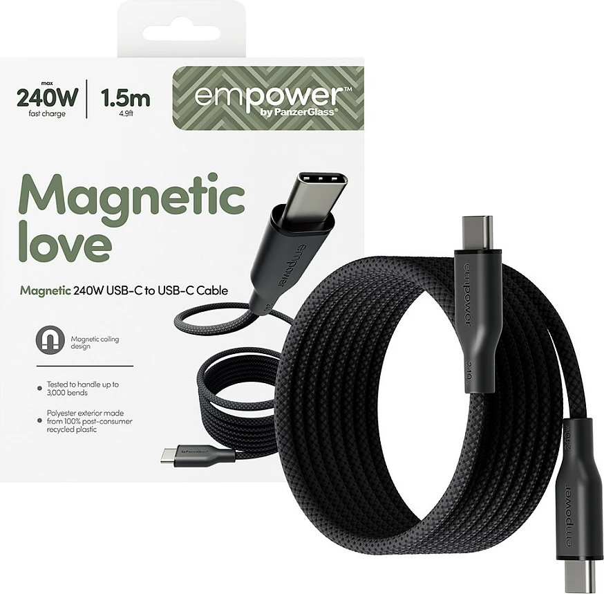 Kabllo USB-C në USB-C PanzerGlass empower Magnetic, 240W, 1.5m, USB 2.0, Space Black/Transparent