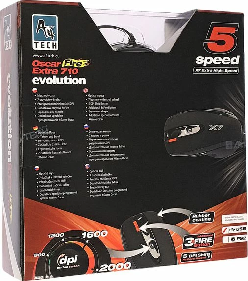 Maus gaming A4Tech EVO XGame X710 Extra Fire, 2000 DPI, 7 butona, USB kabllor 1.8 m, e zezë