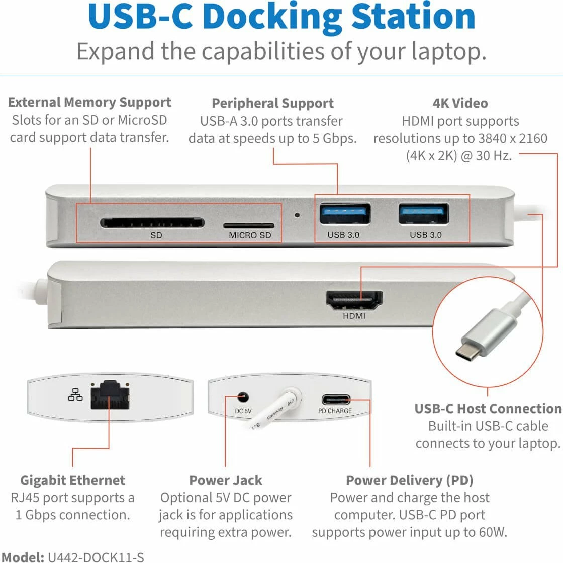 Stacion dokimi USB-C Eaton Tripp Lite Series, 4K HDMI, 2x USB 3.0, 1x USB-C, GbE, SD/microSD, PD 60 W, argjendtë