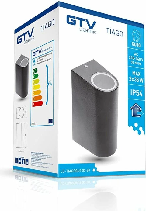Ndriçues muri i jashtëm GTV TIAGO LD-TIAGOGU10D-20, 2x GU10, 230V, IP54, i zi